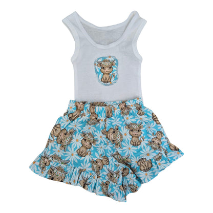 Shorts and Singlet Set - Blue Highland Cow – Handmade by Jacaranda Clothing